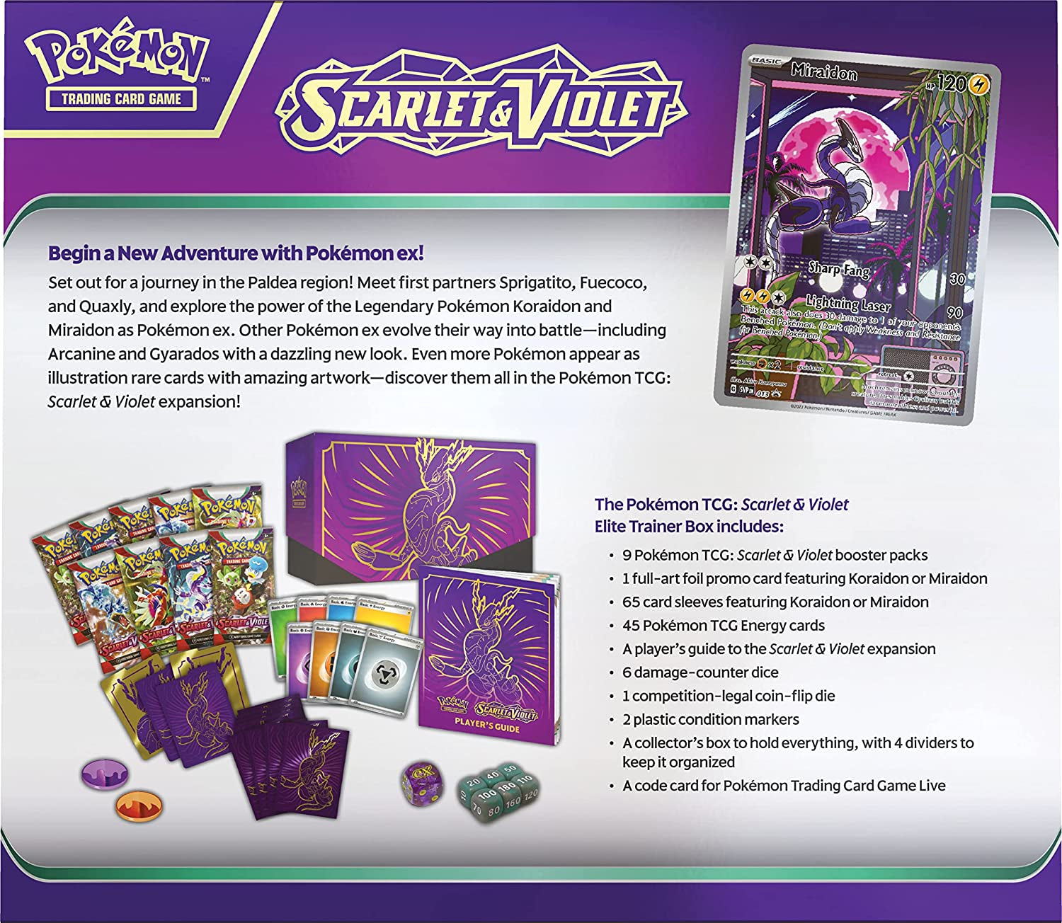 TCG: Scarlet and Violet Elite Trainer Box - Miraidon Purple (1 Full Art Promo Card, 9 Boosters and Premium Accessories)