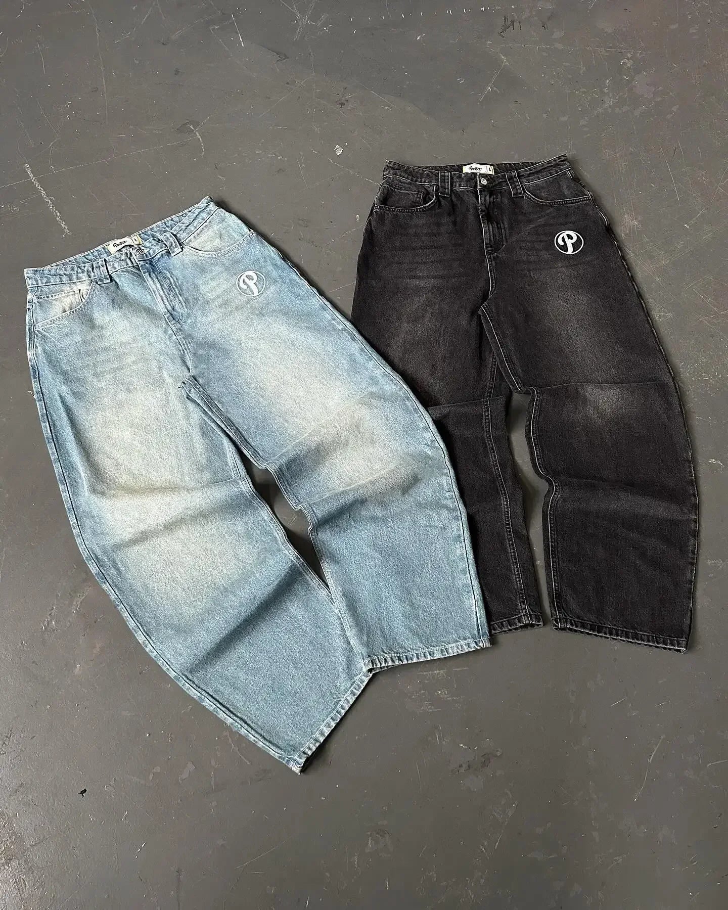 Men's Vintage High-Waisted Blue Baggy Jeans with Wide Leg and Harajuku-Inspired Embroidery