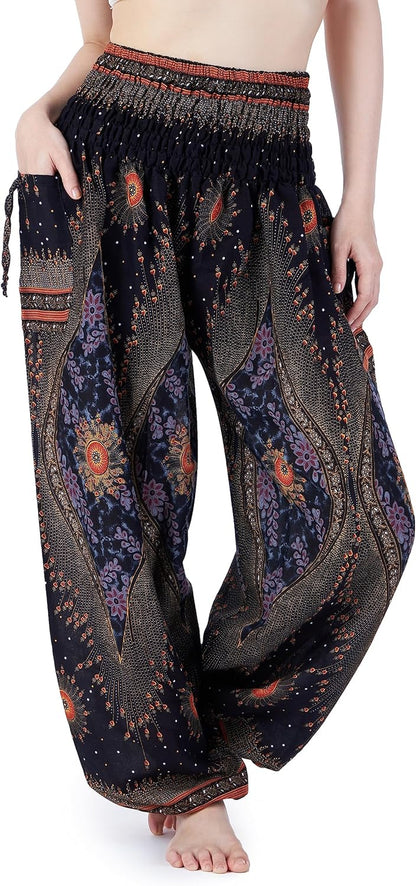 Women's Smocked Waist Bohemian Flowing Yoga Harem Pants