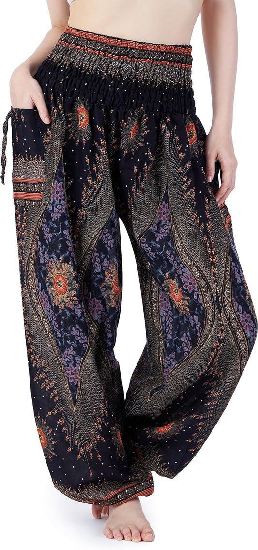 Women's Smocked Waist Bohemian Flowing Yoga Harem Pants