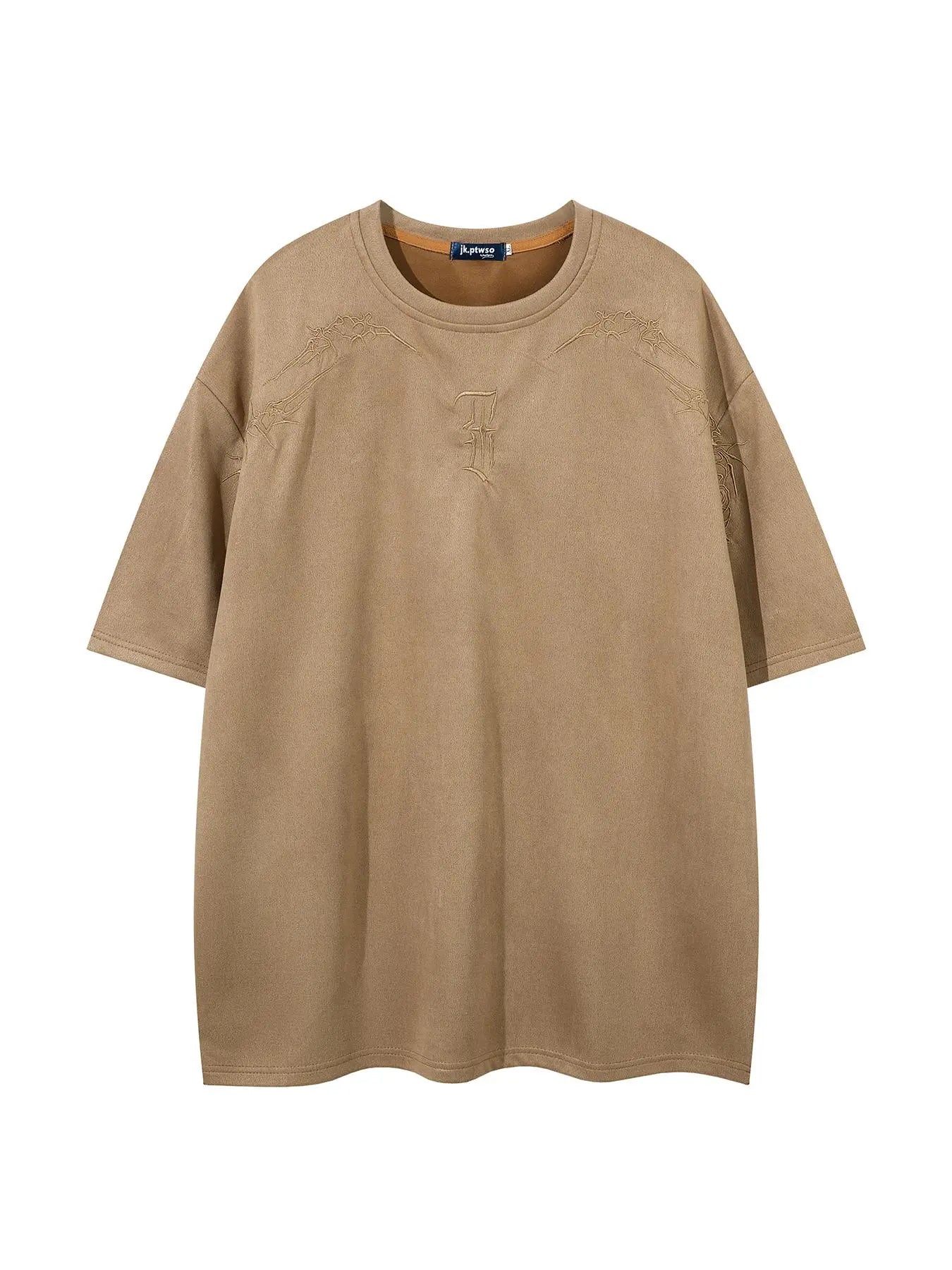 Men's Embroidered Suede Drop Shoulder T-Shirt - Soft and Comfortable Half Sleeve Round Neck Tee for Summer Streetwear and Everyday Use