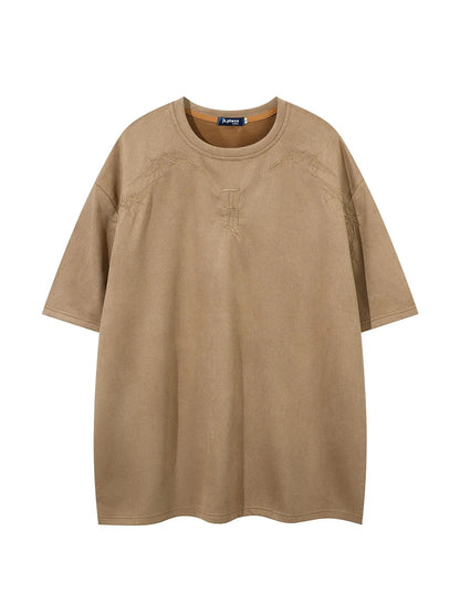 Men's Embroidered Suede Drop Shoulder T-Shirt - Soft and Comfortable Half Sleeve Round Neck Tee for Summer Streetwear and Everyday Use
