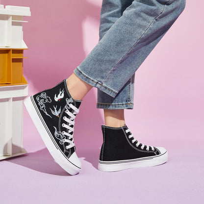 Women's Lace-Up High Top Canvas Sneakers - Casual Walking Shoes in White and Black
