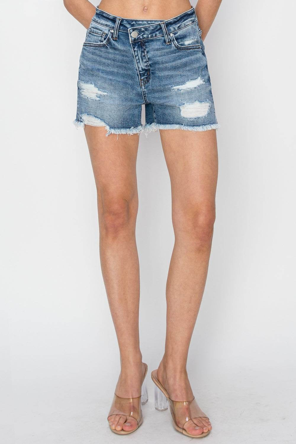 RISEN Distressed Denim Shorts Featuring Stepped Waist Design