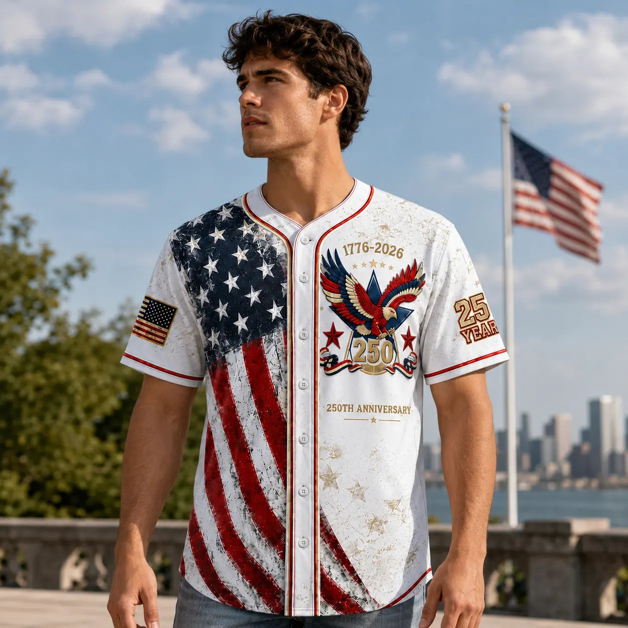 Unisex Vintage 250th Anniversary Patriotic Baseball Jersey Featuring Distressed American Flag Eagle Graphic for 4th of July Celebrations (1776-2026)