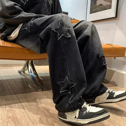 Star Embroidered Wide Leg Casual Jeans for Men - Gothic Inspired Hip-Hop Fashion Streetwear Denim Trousers Y2K