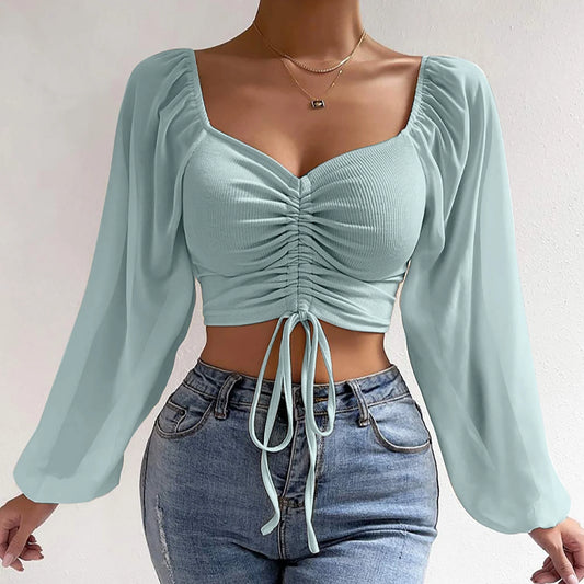 Crop Tops for Women Mesh Long Sleeve Ruched Drawstring Shirts Tops V Neck Ribbed Solid Color Cropped Top Blouses