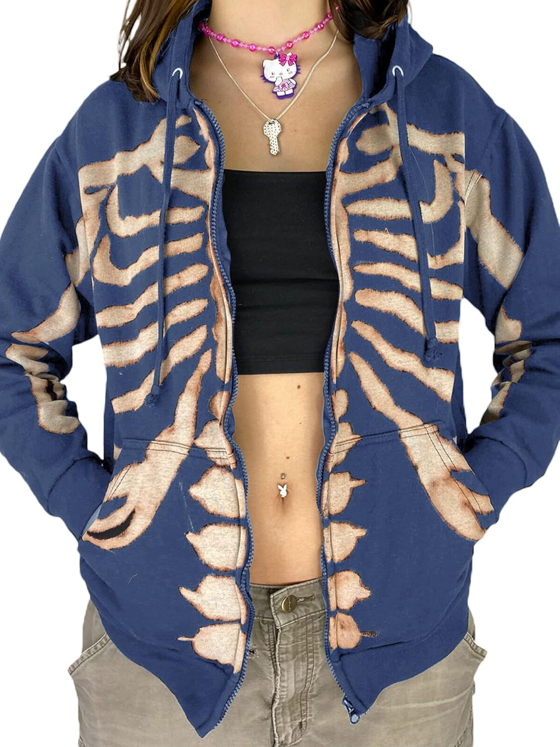 Women's Y2K Skeleton Zip-Up Hoodie with Face Portrait - Oversized Aesthetic Jacket for E-Girl Harajuku Fashion