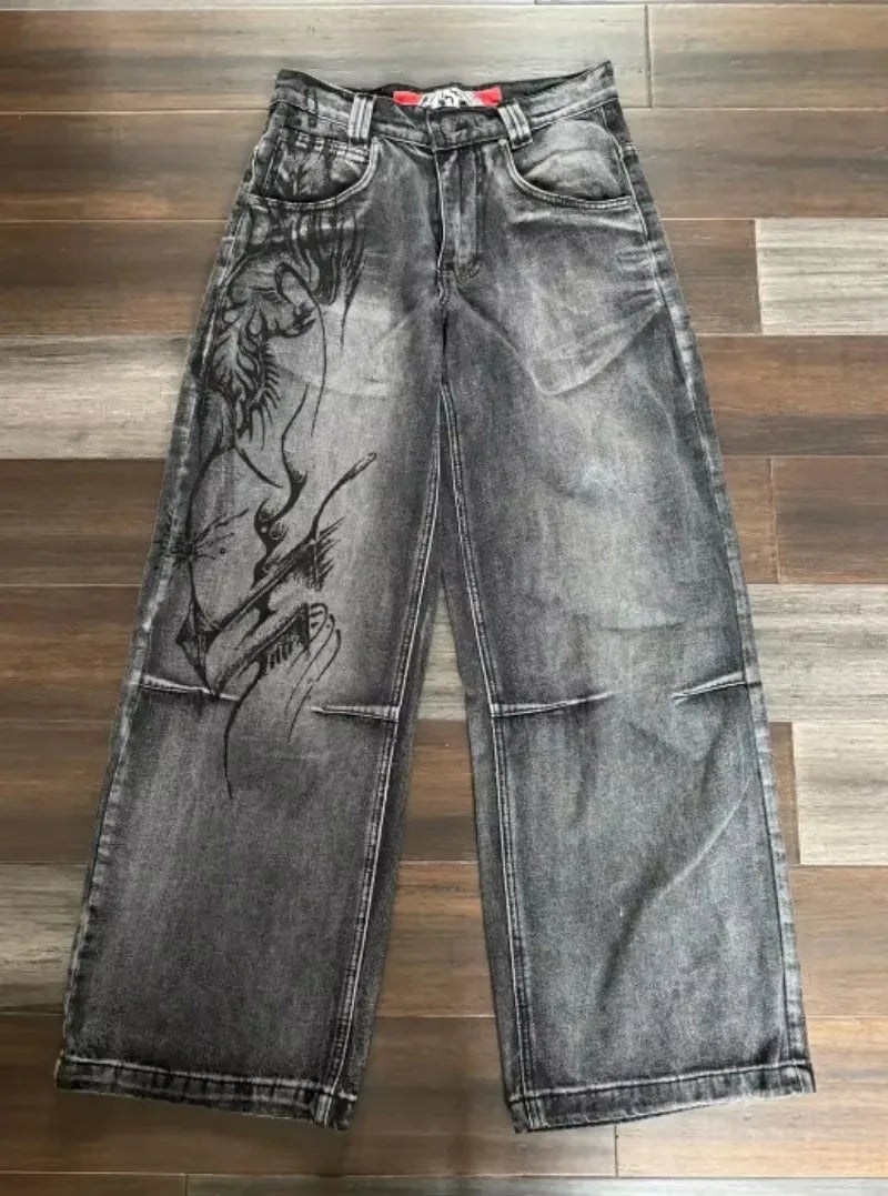 Men's Vintage High-Waisted Blue Baggy Jeans with Wide Leg and Harajuku-Inspired Embroidery