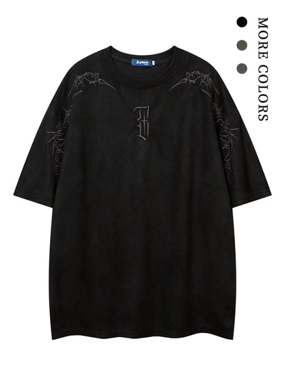Men's Embroidered Suede Drop Shoulder T-Shirt - Soft and Comfortable Half Sleeve Round Neck Tee for Summer Streetwear and Everyday Use