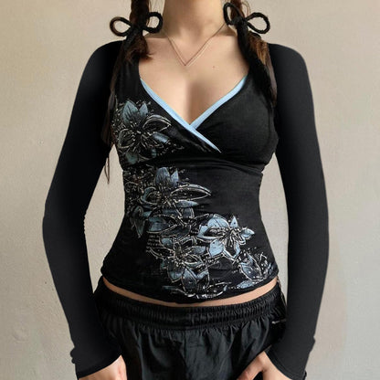 Y2K V Neck Floral Tops Women Fairy Grunge Vintage Long Sleeve Top 2000S Emo Graphic Cute Teen Girls Clothe