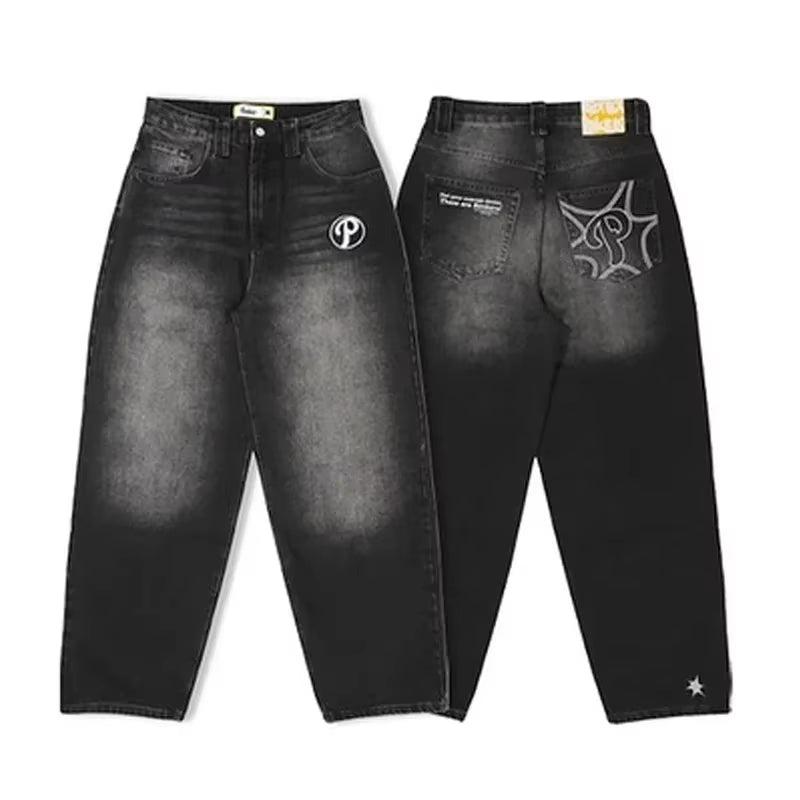 Men's Vintage High-Waisted Blue Baggy Jeans with Wide Leg and Harajuku-Inspired Embroidery