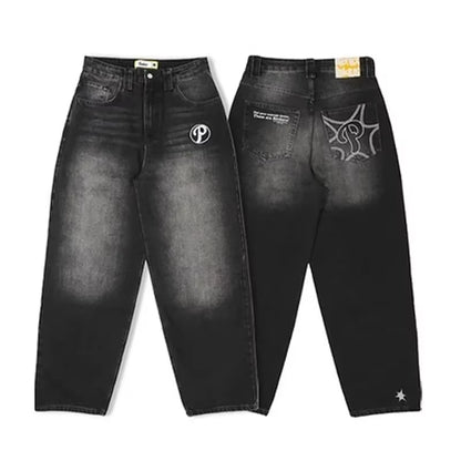 Men's Vintage High-Waisted Blue Baggy Jeans with Wide Leg and Harajuku-Inspired Embroidery