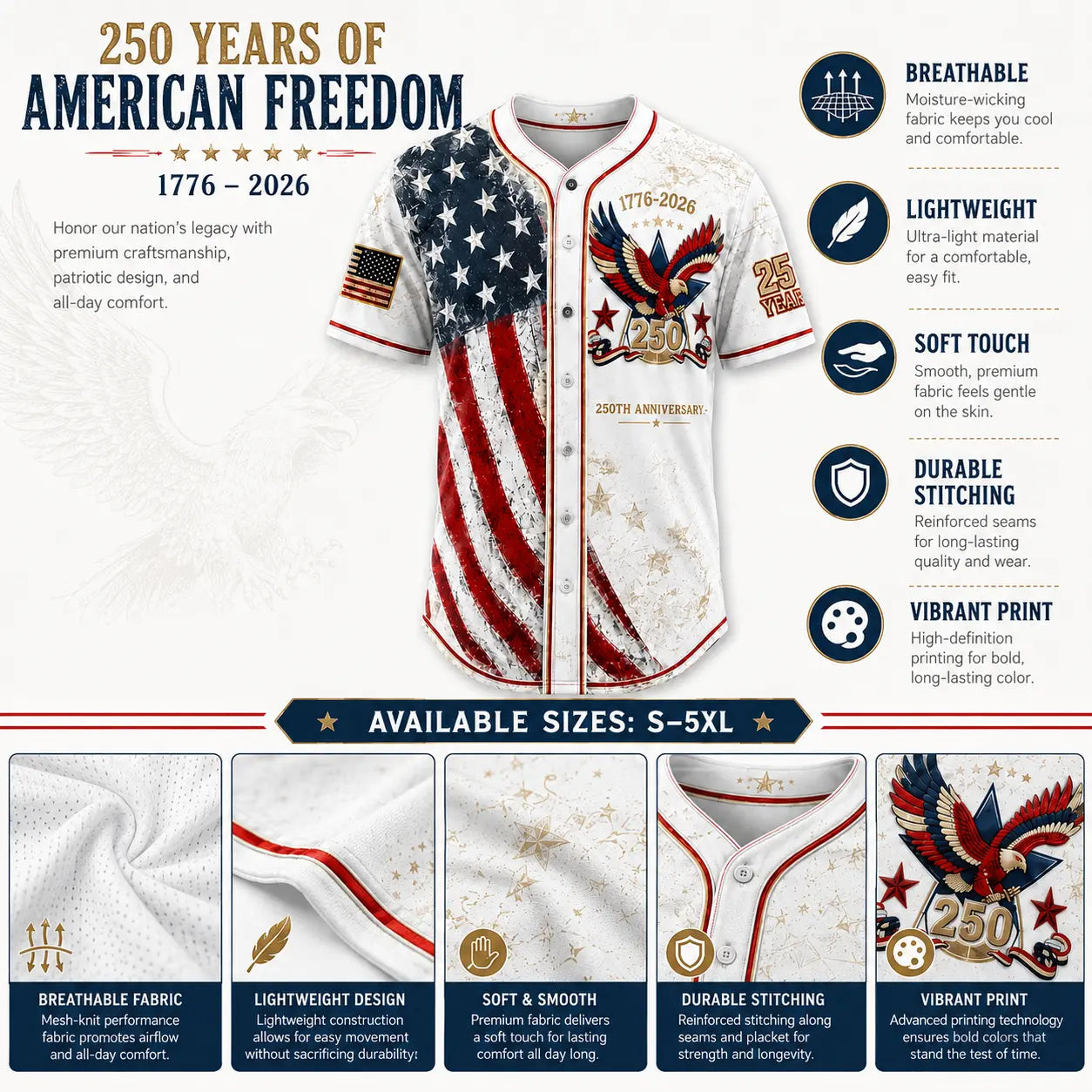 Unisex Vintage 250th Anniversary Patriotic Baseball Jersey Featuring Distressed American Flag Eagle Graphic for 4th of July Celebrations (1776-2026)