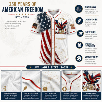 Unisex Vintage 250th Anniversary Patriotic Baseball Jersey Featuring Distressed American Flag Eagle Graphic for 4th of July Celebrations (1776-2026)
