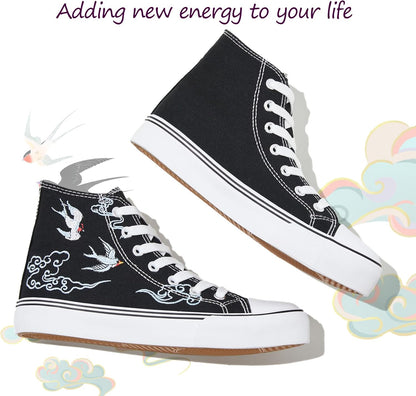 Women's Lace-Up High Top Canvas Sneakers - Casual Walking Shoes in White and Black