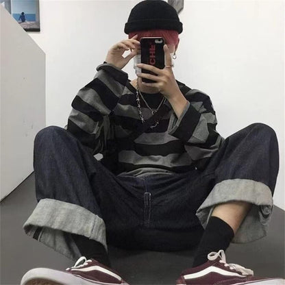 Men'S round Neck Striped Long Sleeve T-Shirt Emo Punk American Harajuku Street Loose Bottoming Shirt Couple Outfit