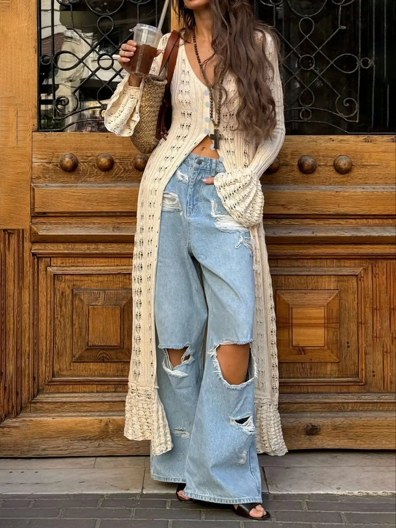 Women's Elegant Lightweight Hollow Out Cardigan with Button Front and Flounce Sleeves for Summer and Daily Wear