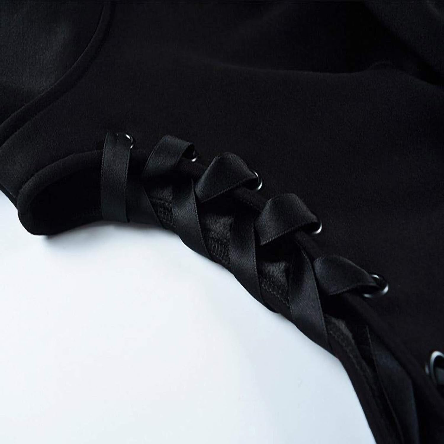 Women's Y2K Long Sleeve Cat Ear Crop Top with Gothic Cold Shoulder and Lace-Up Accents