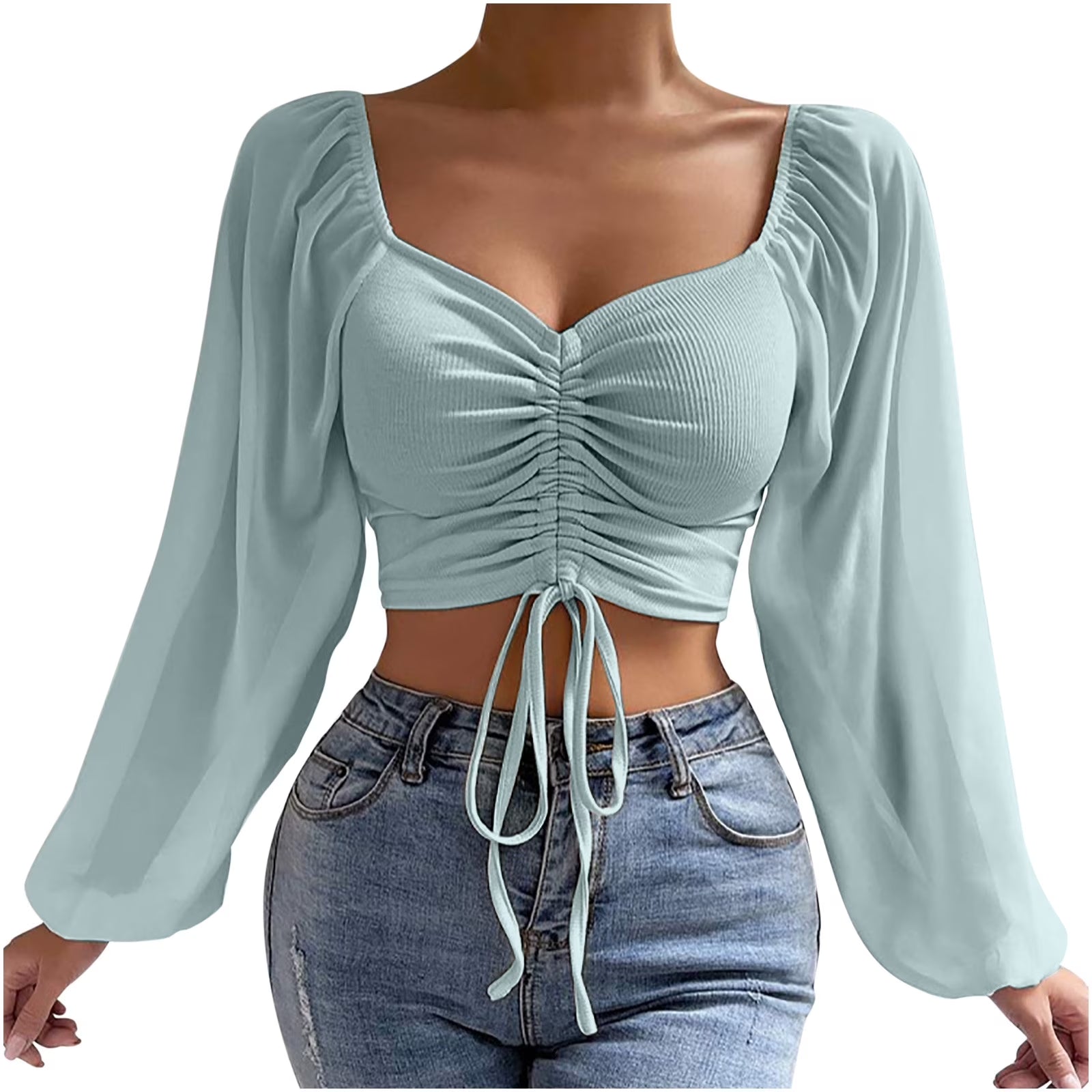 Crop Tops for Women Mesh Long Sleeve Ruched Drawstring Shirts Tops V Neck Ribbed Solid Color Cropped Top Blouses