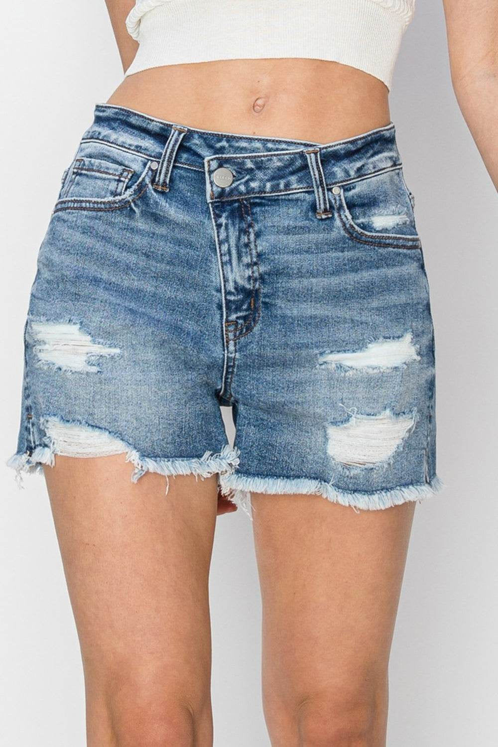 RISEN Distressed Denim Shorts Featuring Stepped Waist Design