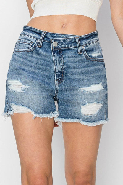 RISEN Distressed Denim Shorts Featuring Stepped Waist Design