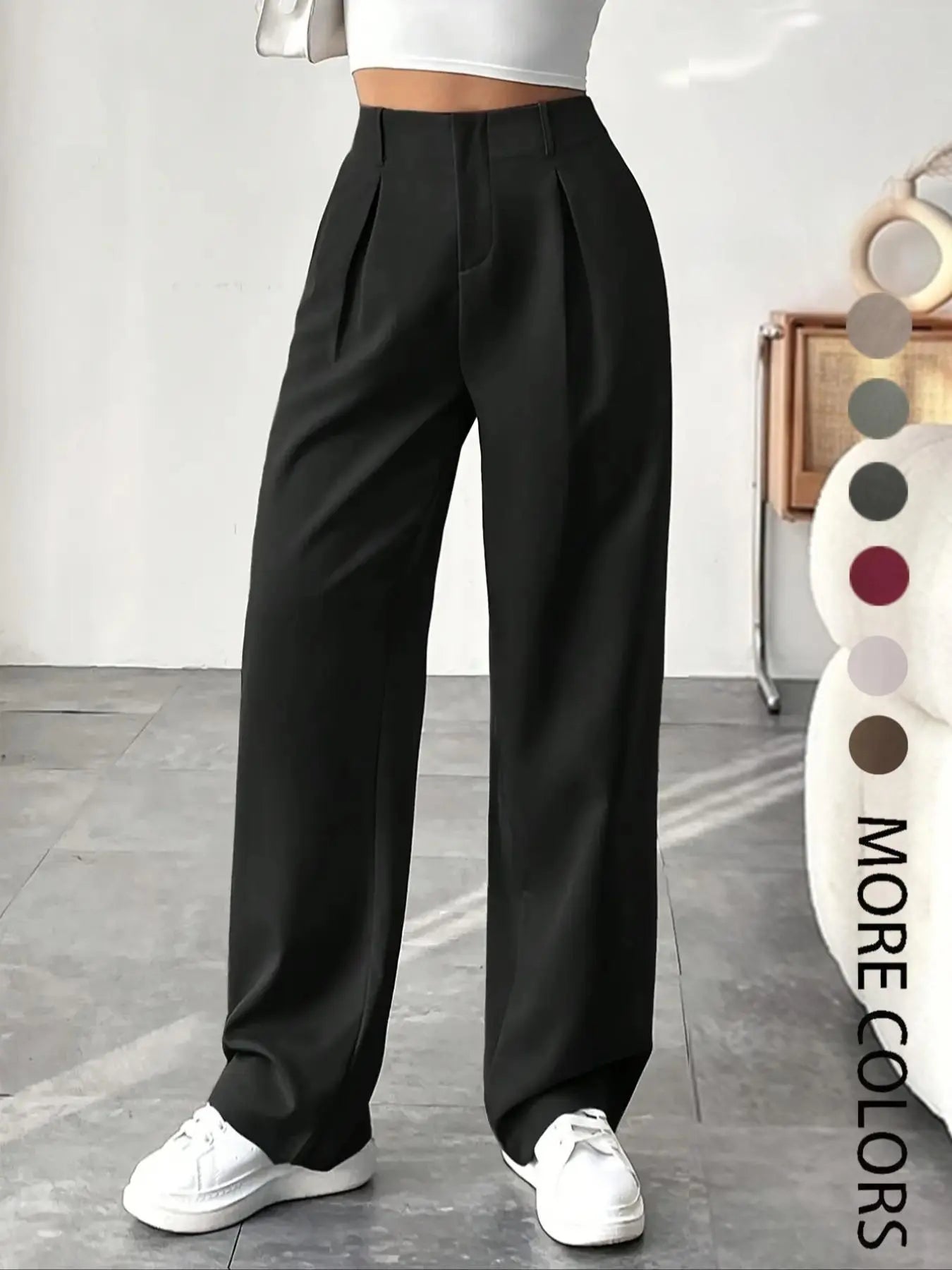 Women's Pleated Wide Leg Trousers with Pockets and Zipper Fly for Office and Business Attire, Spring and Fall Collection