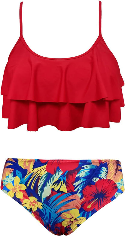 Girls Floral Printing Bathing Suits Ruffle Flounce Two Piece Swimsuits