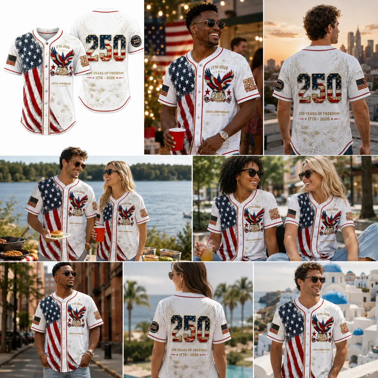 Unisex Vintage 250th Anniversary Patriotic Baseball Jersey Featuring Distressed American Flag Eagle Graphic for 4th of July Celebrations (1776-2026)