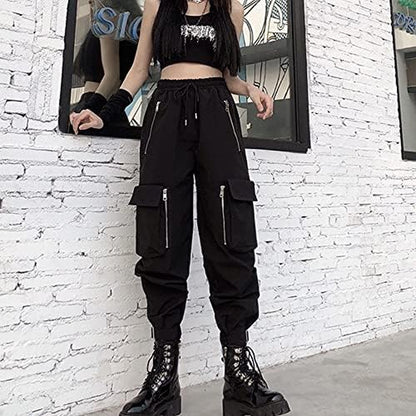 Black Cargo Pants Women Loose Chained Multi-Pocket Multi-Zip Punk Goth Pants