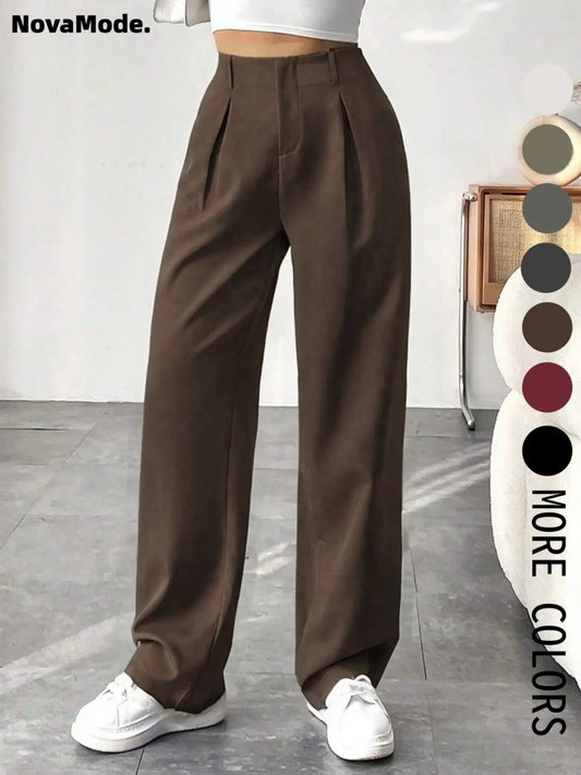 Women's Pleated Wide Leg Trousers with Pockets and Zipper Fly for Office and Business Attire, Spring and Fall Collection
