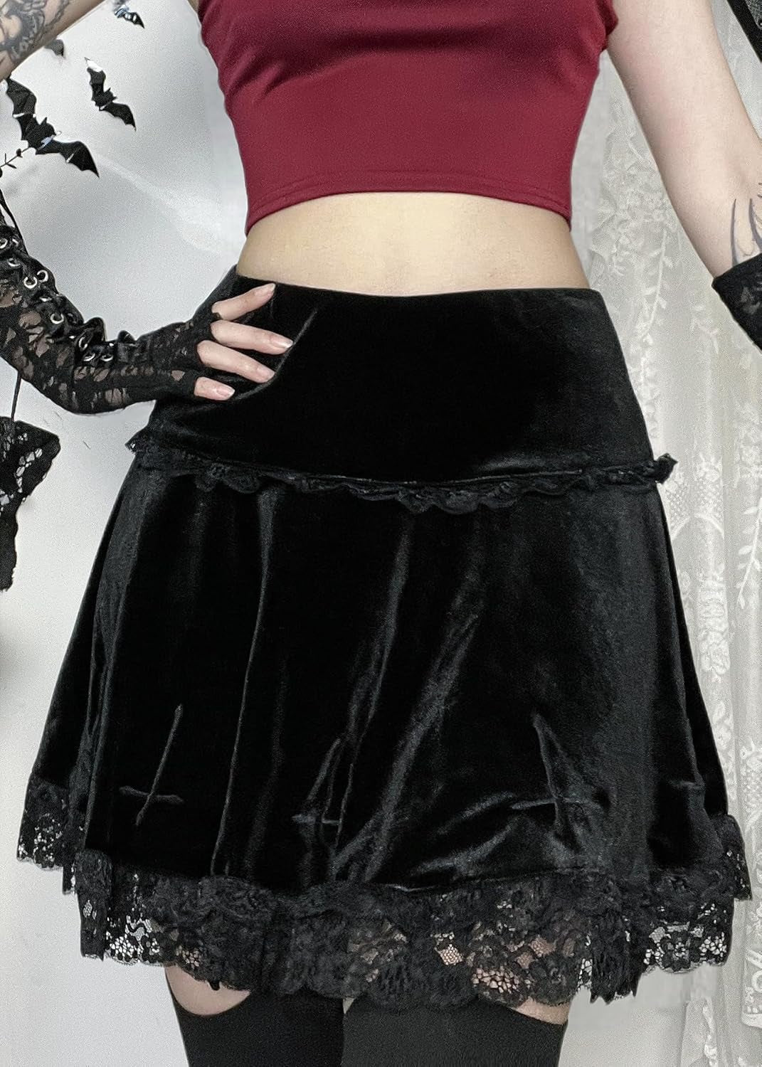 Women's High-Waisted Velvet Mini Skirt - Gothic Punk Grunge Aesthetic for Alternative Fashion