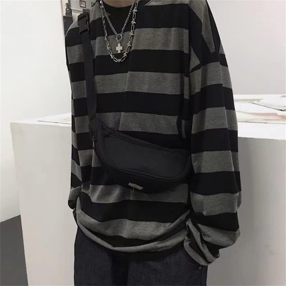 Men'S round Neck Striped Long Sleeve T-Shirt Emo Punk American Harajuku Street Loose Bottoming Shirt Couple Outfit