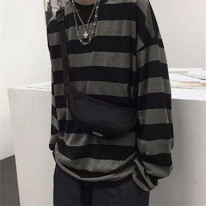 Men'S round Neck Striped Long Sleeve T-Shirt Emo Punk American Harajuku Street Loose Bottoming Shirt Couple Outfit