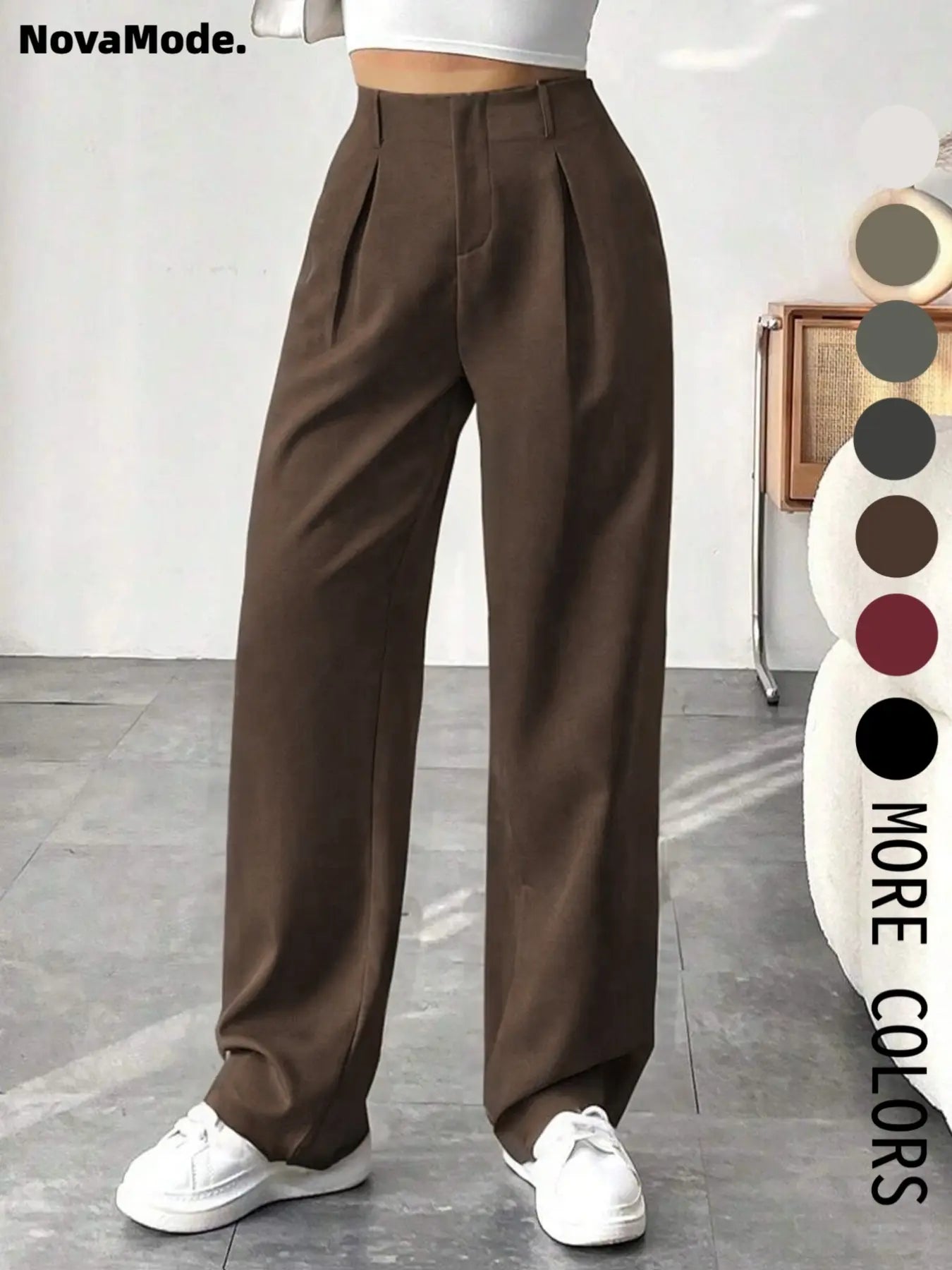 Women's Pleated Wide Leg Trousers with Pockets and Zipper Fly for Office and Business Attire, Spring and Fall Collection
