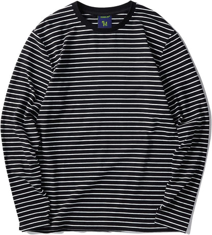 Men'S Casual Cotton Spandex Striped Crewneck Long-Sleeve T-Shirt Basic Pullover Stripe Tee Shirt