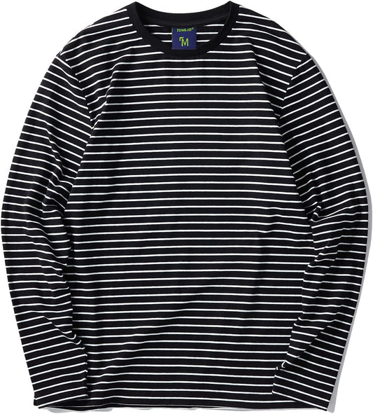Men'S Casual Cotton Spandex Striped Crewneck Long-Sleeve T-Shirt Basic Pullover Stripe Tee Shirt