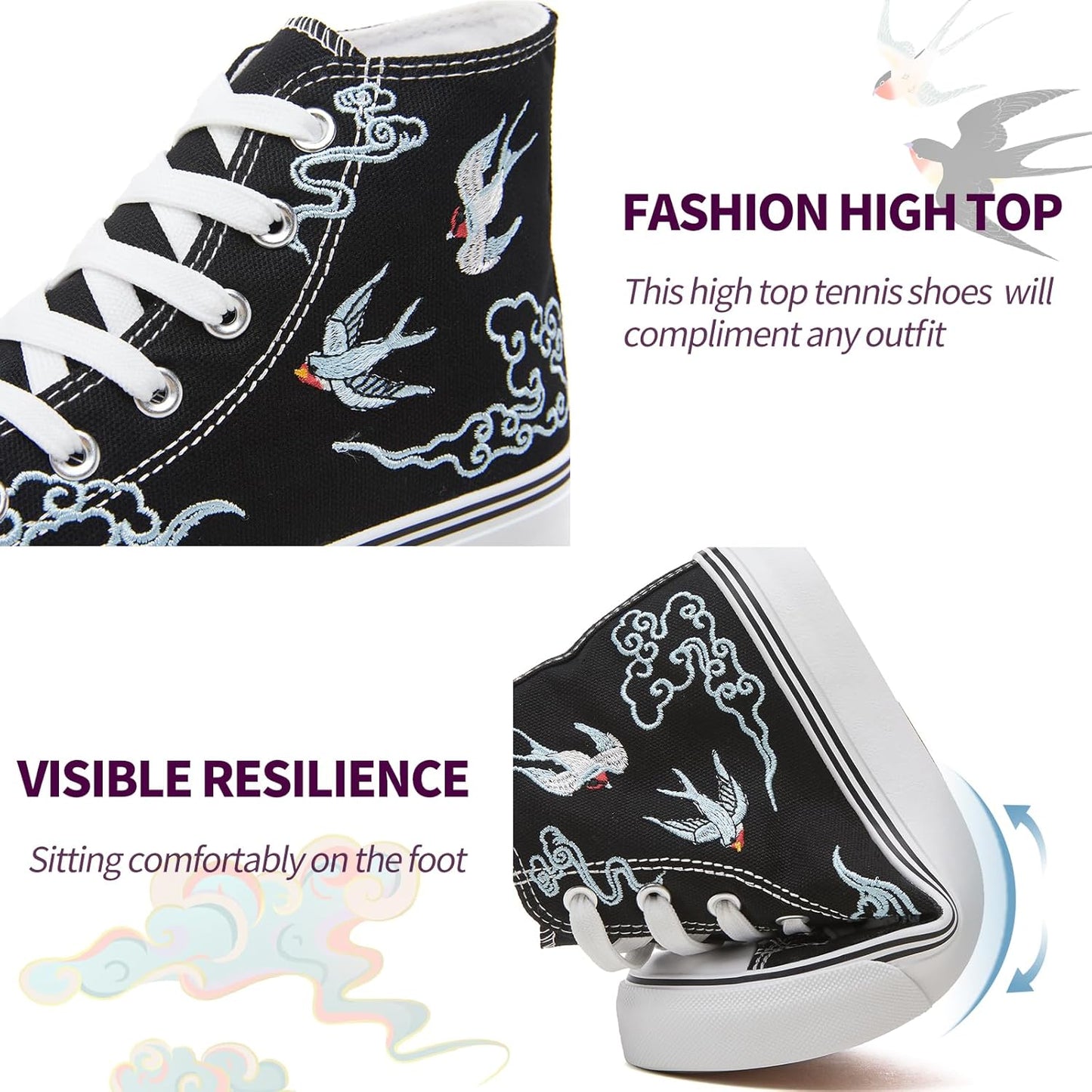 Women's Lace-Up High Top Canvas Sneakers - Casual Walking Shoes in White and Black
