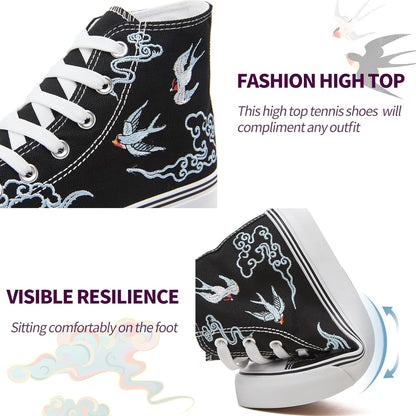 Women's Lace-Up High Top Canvas Sneakers - Casual Walking Shoes in White and Black