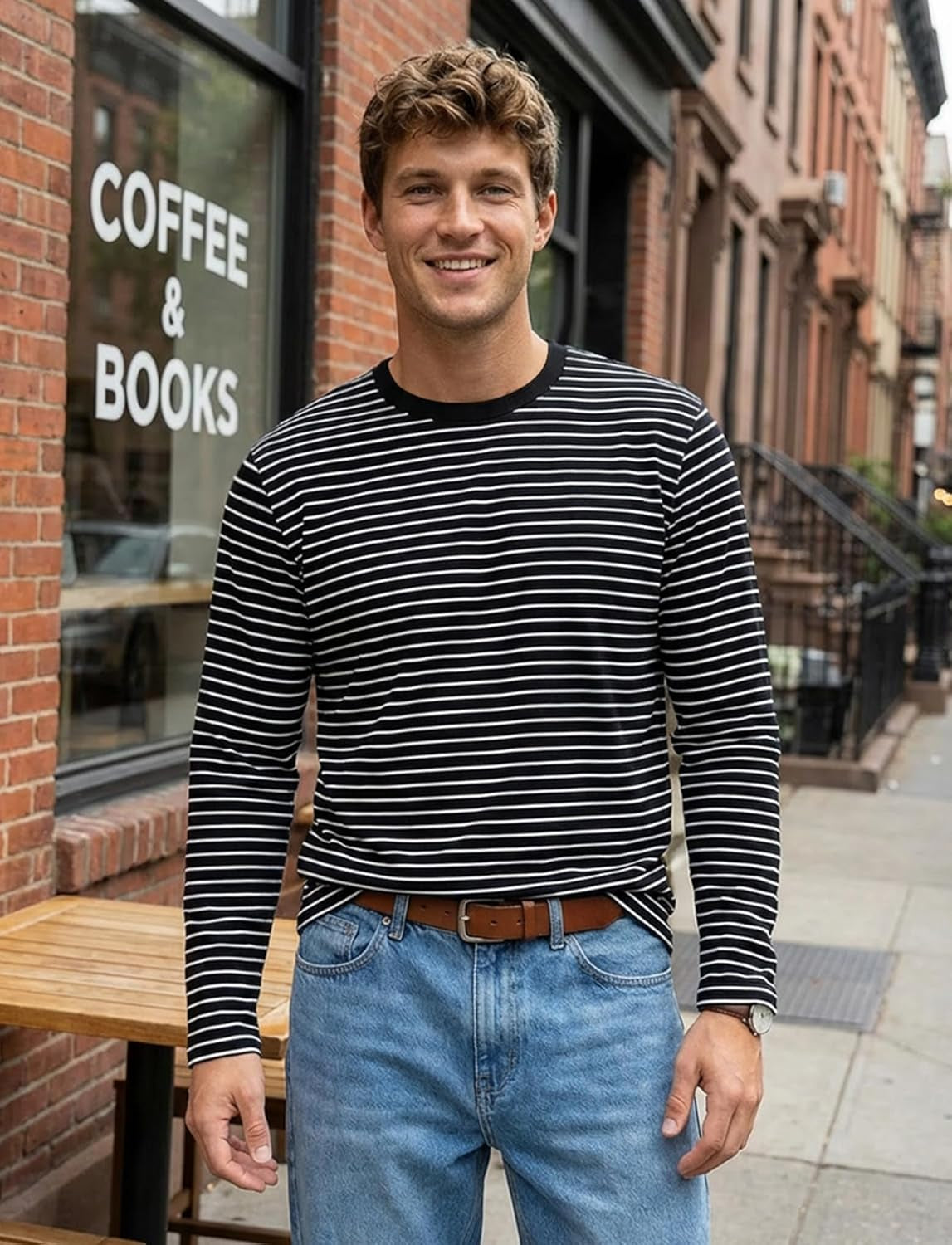 Men'S Casual Cotton Spandex Striped Crewneck Long-Sleeve T-Shirt Basic Pullover Stripe Tee Shirt