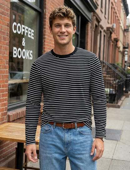 Men'S Casual Cotton Spandex Striped Crewneck Long-Sleeve T-Shirt Basic Pullover Stripe Tee Shirt