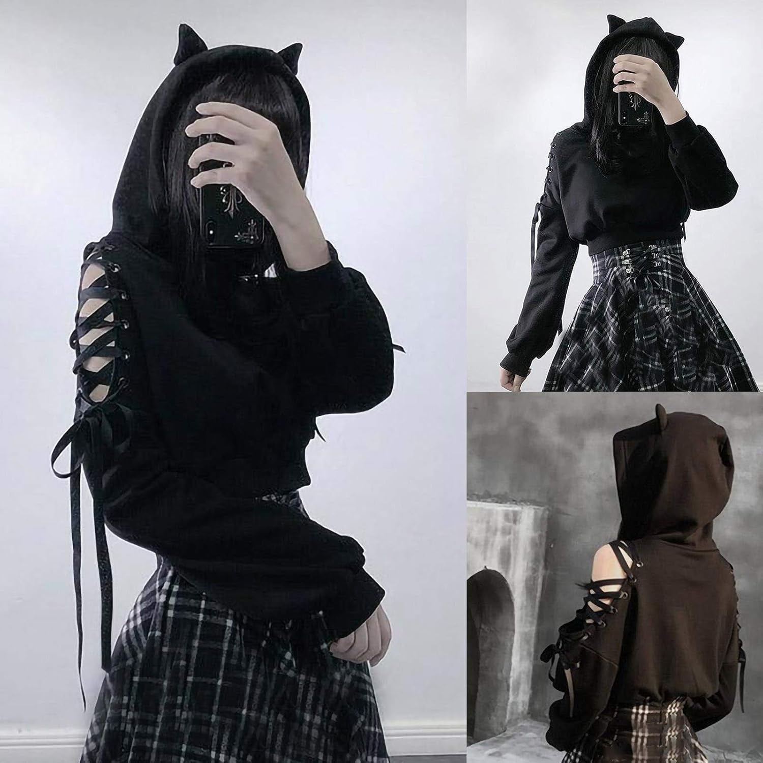 Women's Y2K Long Sleeve Cat Ear Crop Top with Gothic Cold Shoulder and Lace-Up Accents