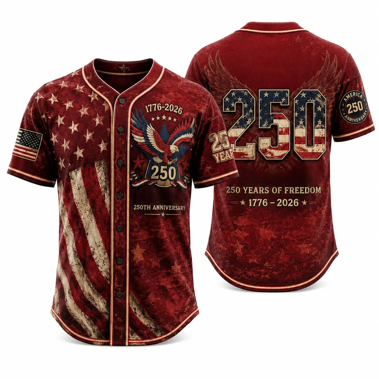 Unisex Vintage 250th Anniversary Patriotic Baseball Jersey Featuring Distressed American Flag Eagle Graphic for 4th of July Celebrations (1776-2026)