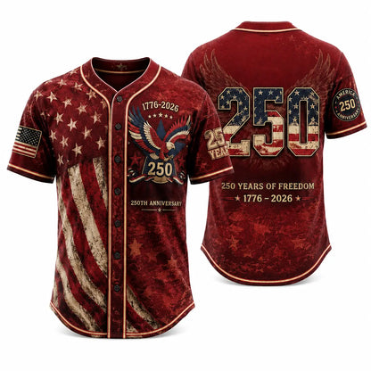 Unisex Vintage 250th Anniversary Patriotic Baseball Jersey Featuring Distressed American Flag Eagle Graphic for 4th of July Celebrations (1776-2026)