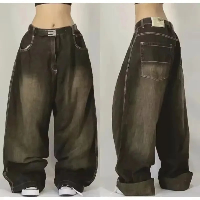 Men's Vintage High-Waisted Blue Baggy Jeans with Wide Leg and Harajuku-Inspired Embroidery