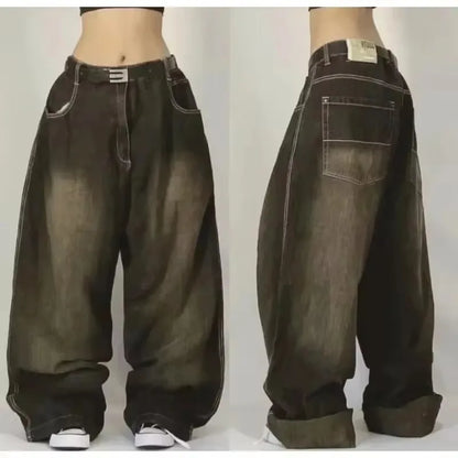 Men's Vintage High-Waisted Blue Baggy Jeans with Wide Leg and Harajuku-Inspired Embroidery