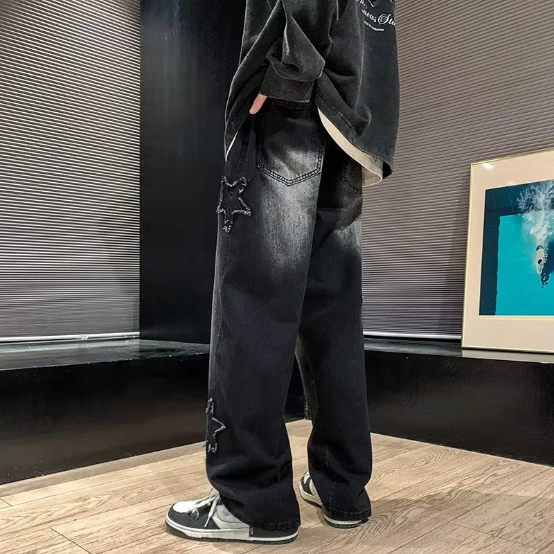 Star Embroidered Wide Leg Casual Jeans for Men - Gothic Inspired Hip-Hop Fashion Streetwear Denim Trousers Y2K