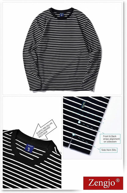 Men'S Casual Cotton Spandex Striped Crewneck Long-Sleeve T-Shirt Basic Pullover Stripe Tee Shirt