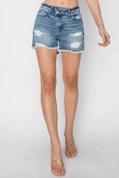 RISEN Distressed Denim Shorts Featuring Stepped Waist Design