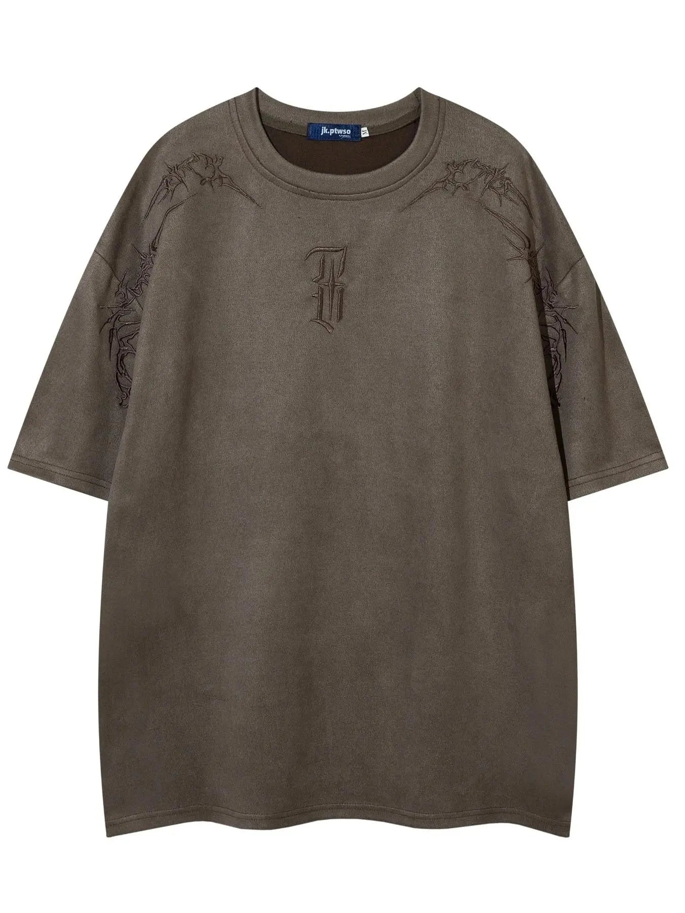 Men's Embroidered Suede Drop Shoulder T-Shirt - Soft and Comfortable Half Sleeve Round Neck Tee for Summer Streetwear and Everyday Use